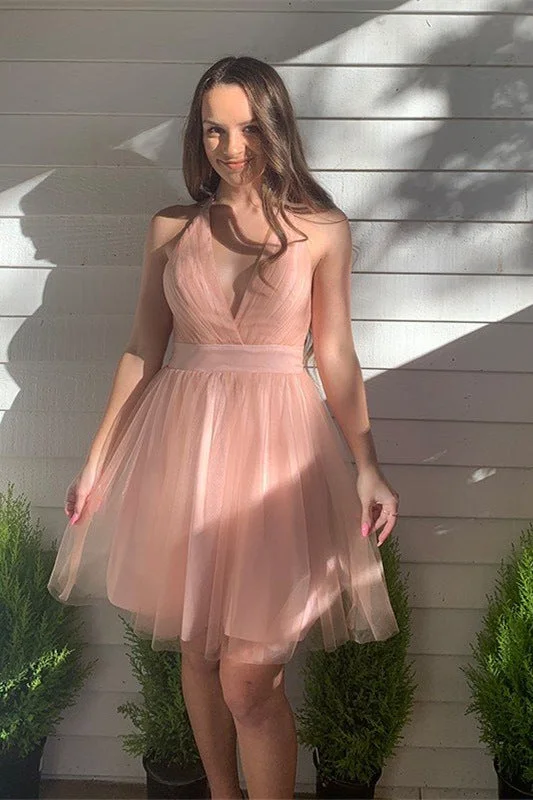 Blush Deep V-Neck Tulle Short Homecoming Dress Soft Tulle Dress