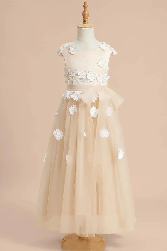 Champagne Flower Tea Length Tulle Flower Girl Dress Tulle Party Dress