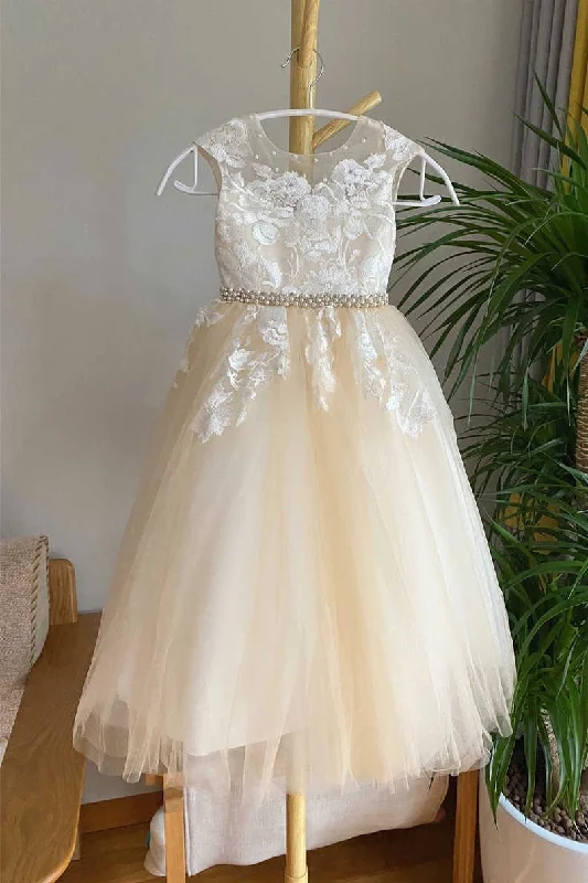 Champagne Lace Tulle Flower Girl Dress with Beaded Belt Tulle Dress Occasion