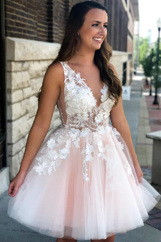 V-Neck Appliques Tulle Pink Homecoming Dress Tulle A-line Dress