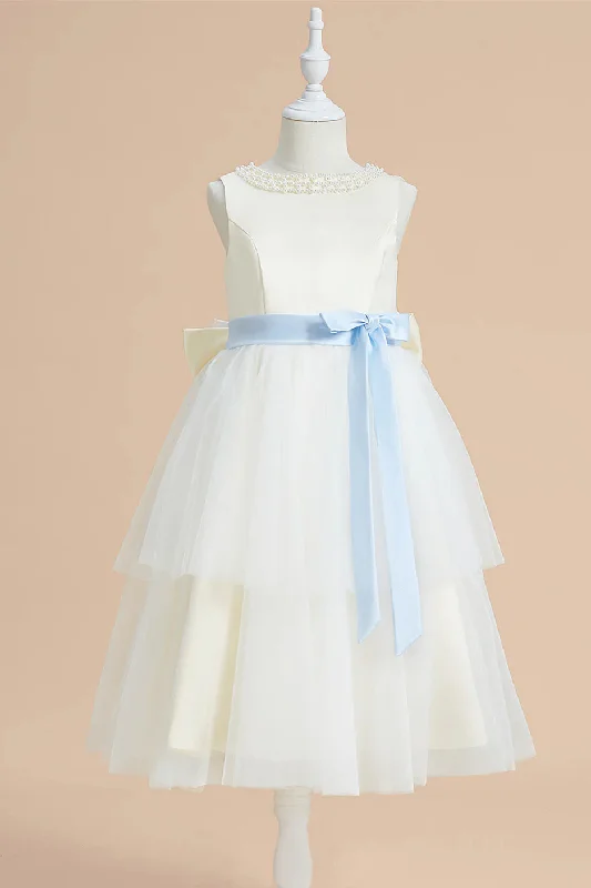 Cute Beaded Crew Neck Tiered Tulle Flower Girl Dress Romantic Tulle Gown