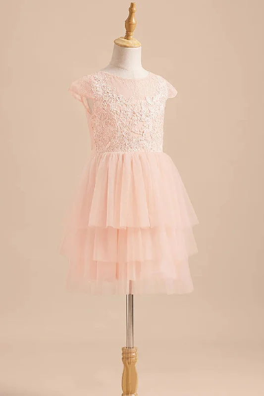 Cute Blush Pink Lace Layered Tulle Flower Girl Dress Sequin Tulle Dress