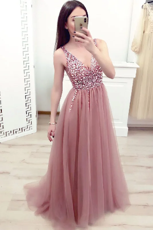 Gorgeous Tulle Long Pink Prom Dress with Beading Top Full Tulle Dress