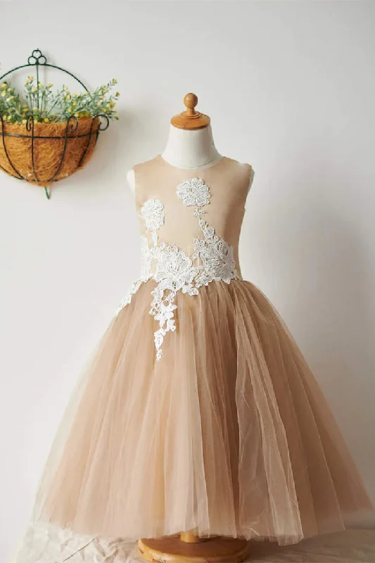 Ivory Lace Champmpagne Tulle Flower Girl Dress Tulle Dress Fit