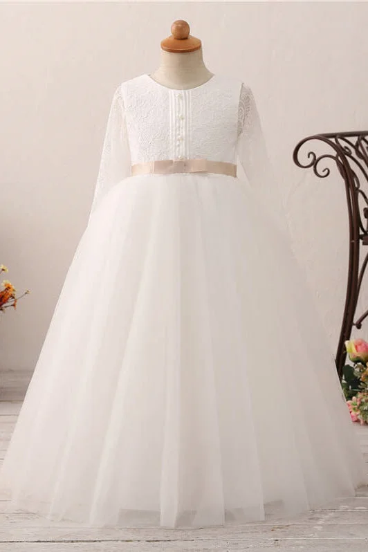 Long Slweeves Tulle and Lace White Flower Girl Dress with Bow Formal Tulle Dress