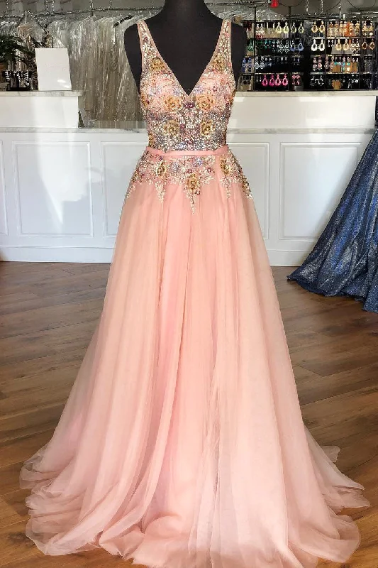 Pearl Pink Tulle Long Prom Dress with Beading Flowers Tulle Dress Layers