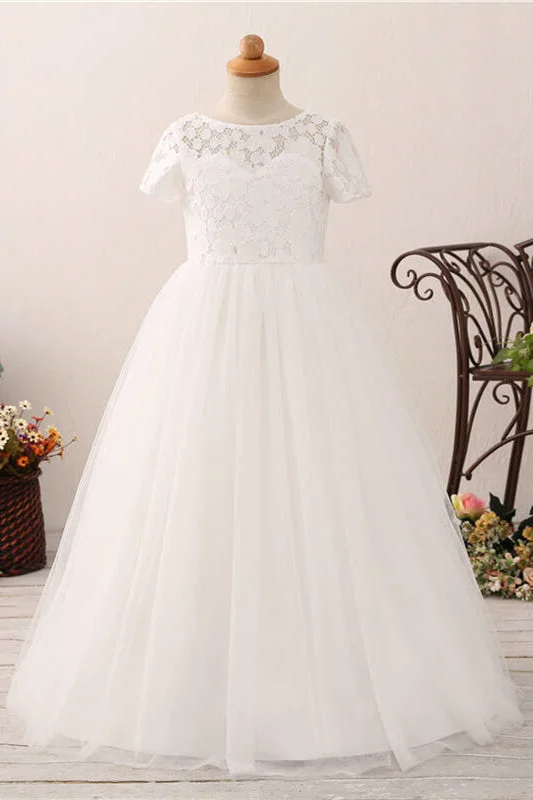 Short Sleeves Lace and Tulle White Flower Girl Dress Soft Tulle Gown