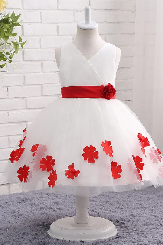 Tulle Appliqued White Flower girl Dress with Red Bow Bohemian Tulle Dress