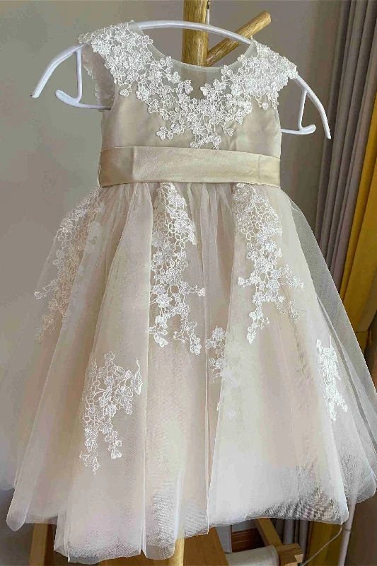 V-Back Crew Neck Lace Tulle Flower Girl Dress with Sash Tiered Tulle Dress