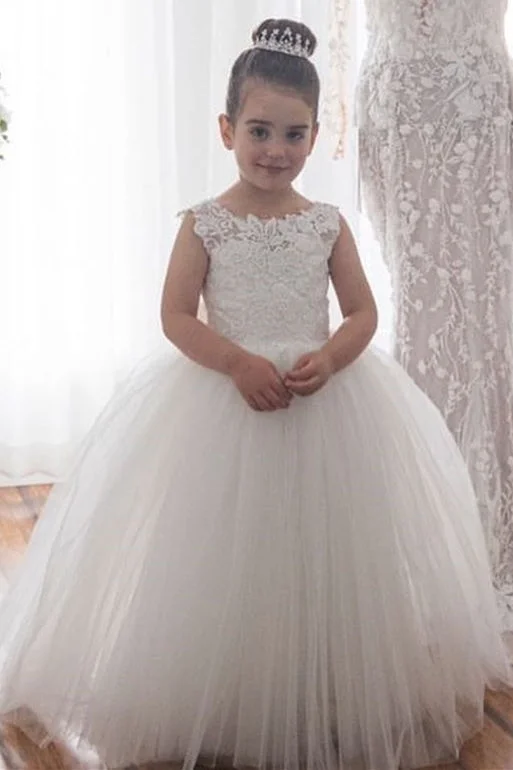 V Back Long Lace and Tulle White Flower Girl Dress with Bow Sexy Tulle Dress